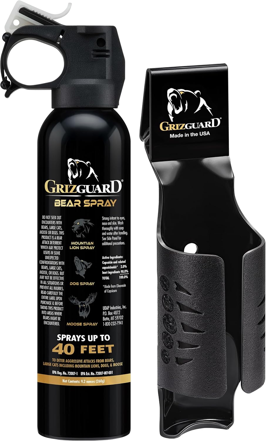 Griz Guard Bear Repellent Spray, Large, 9.2 oz (with holster), Maximum Spray Distance, Approx. 39.2 ft (12 m), EPA Registered Model, Protects Bears, Mountain Lions, Coyote, For Outdoor Use, Bear Spray