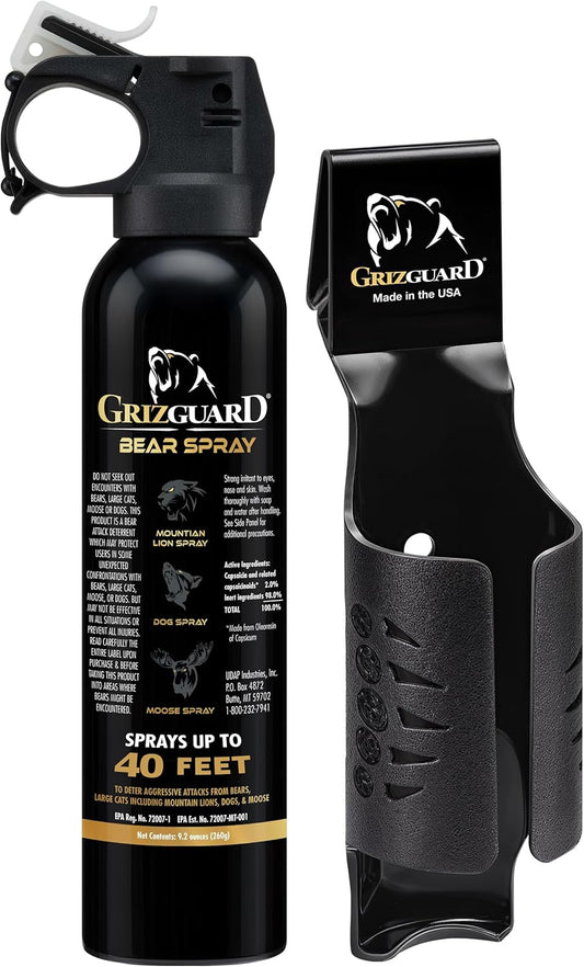 Griz Guard Bear Repellent Spray, Large, 9.2 oz (with holster), Maximum Spray Distance, Approx. 39.2 ft (12 m), EPA Registered Model, Protects Bears, Mountain Lions, Coyote, For Outdoor Use, Bear Spray