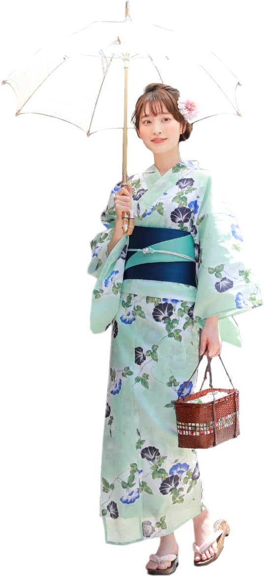 Brilliant Peace "Wanadeshiko" Women's Yukata Set, "Morning Glory on Light Green" Tokimeki Koi Yukata 3-Piece Set, Yukata, Obi, Geta, pale green