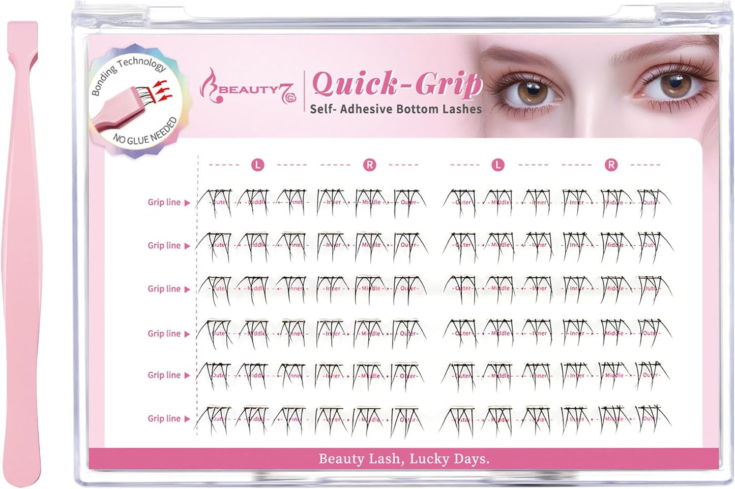 Beauty7 Glueless Partial False Eyelashes, 72 Bundles, Glue-free, Bottom False Eyelashes, Pink Set, Bundled False Eyelashes, Self-Adhesive False Eyelashes, Natural, Transparent Shank, Lower Eyelashes