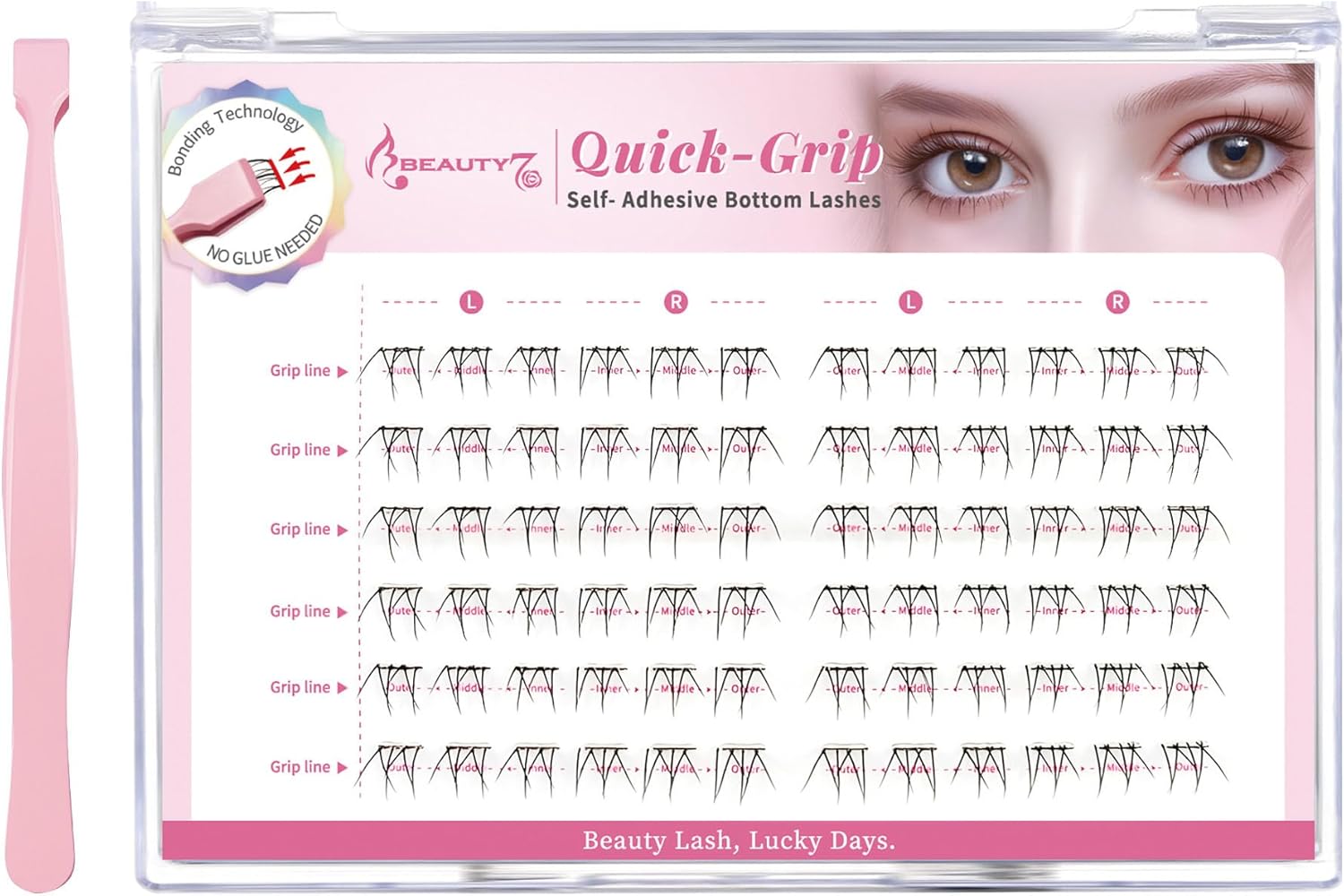 Beauty7 Glueless Partial False Eyelashes, 72 Bundles, Glue-free, Bottom False Eyelashes, Pink Set, Bundled False Eyelashes, Self-Adhesive False Eyelashes, Natural, Transparent Shank, Lower Eyelashes