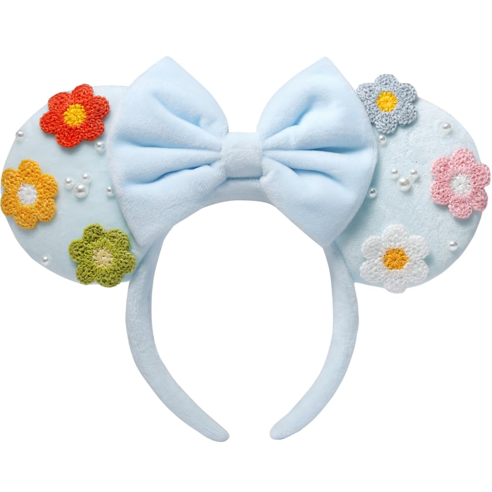 UNSPAZ Diadema de orejas de ratón, orejas de ratón para mujeres y niñas con perla, orejas de parque para viajes, decoraciones de cumpleaños, accesorios para el cabello (azul bebé)