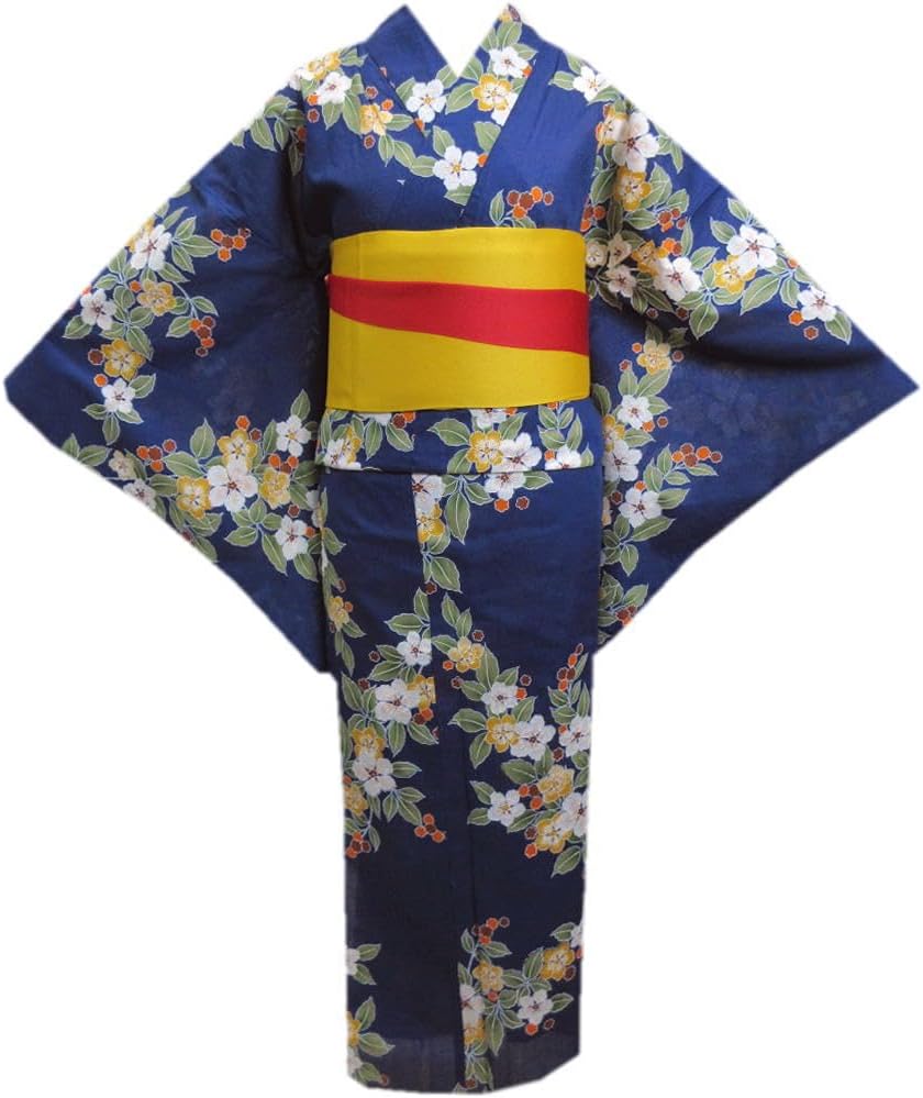 Fukuoka-san Yukata, 0.6 - 1.6 gal (2 - 3 L), Half-width Belt, Long, Reversible, Set of 2, Dark Blue Base, For Women, Large Size, Yukata, Half-width Belt, dark navy