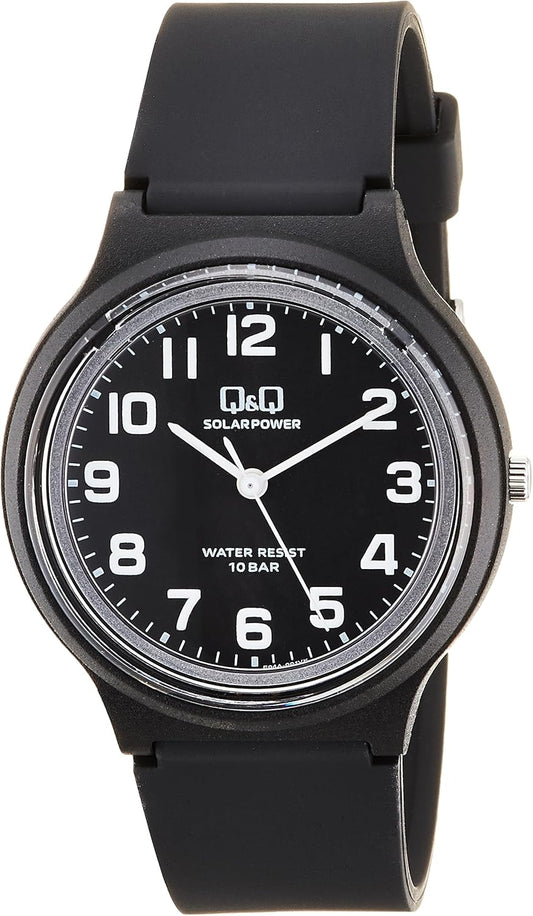 Citizen Q&Q Analog Solar Watch, 10 ATM Water-Resistant, Urethane Band, No Battery Replacement Needed, Lightweight, Easy-to-Read Dial, Simple E04A Series, black, Classic