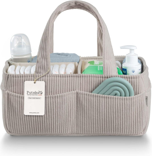 PUTSKA Baby Diaper Caddy Organizer for Changing Table - Stylish Nursery Storage Basket, Newborn Essentials Baby Shower Gift, Registry Essentials for Boys or Girls, Car Diaper Caddy Corduroy Grey