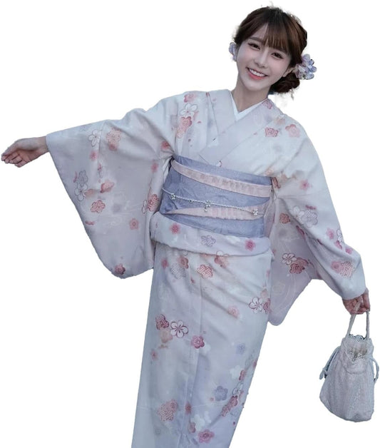 TEX 2025 Fireworks Festival, Women's, Floral Pattern, Kimono Yukata, Women’s Costume, 5-piece Set, Yukata, Obi, Fan, Socks, Head Accessory, Cute, Floral Pattern, Plain Weave, Clean, One Size Fits Most