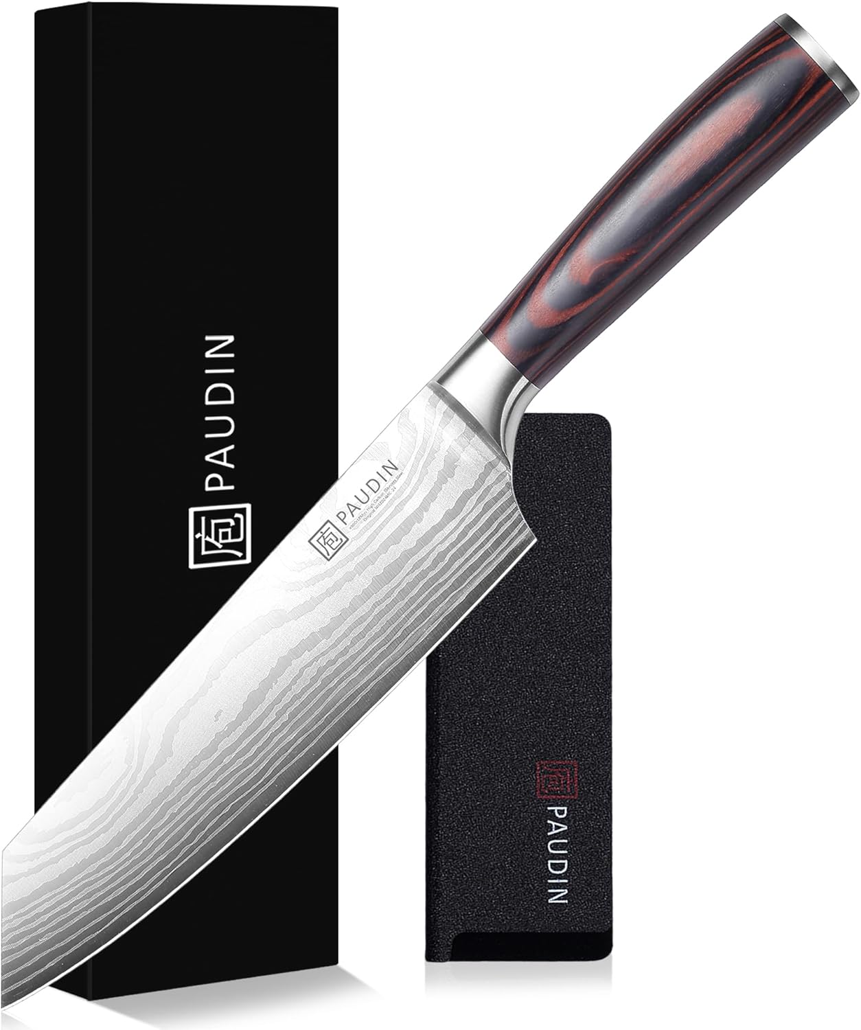 PAUDIN Santoku Knife, Sword Type, 200mm, 255g, 5Cr15Mov High Carbon Stainless Steel, All-Purpose Knife, Wooden Handle, Easy to Cut, Double-Edged Knife, Left-Handed Compatible, Comes with Sheath, Meat