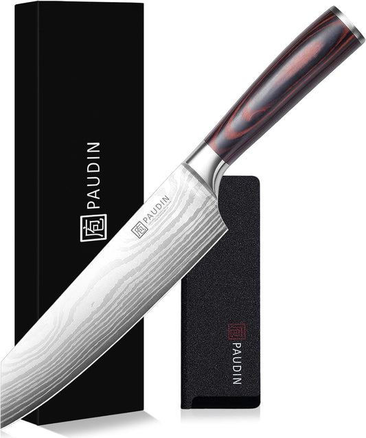 PAUDIN Santoku Knife, Sword Type, 200mm, 255g, 5Cr15Mov High Carbon Stainless Steel, All-Purpose Knife, Wooden Handle, Easy to Cut, Double-Edged Knife, Left-Handed Compatible, Comes with Sheath, Meat