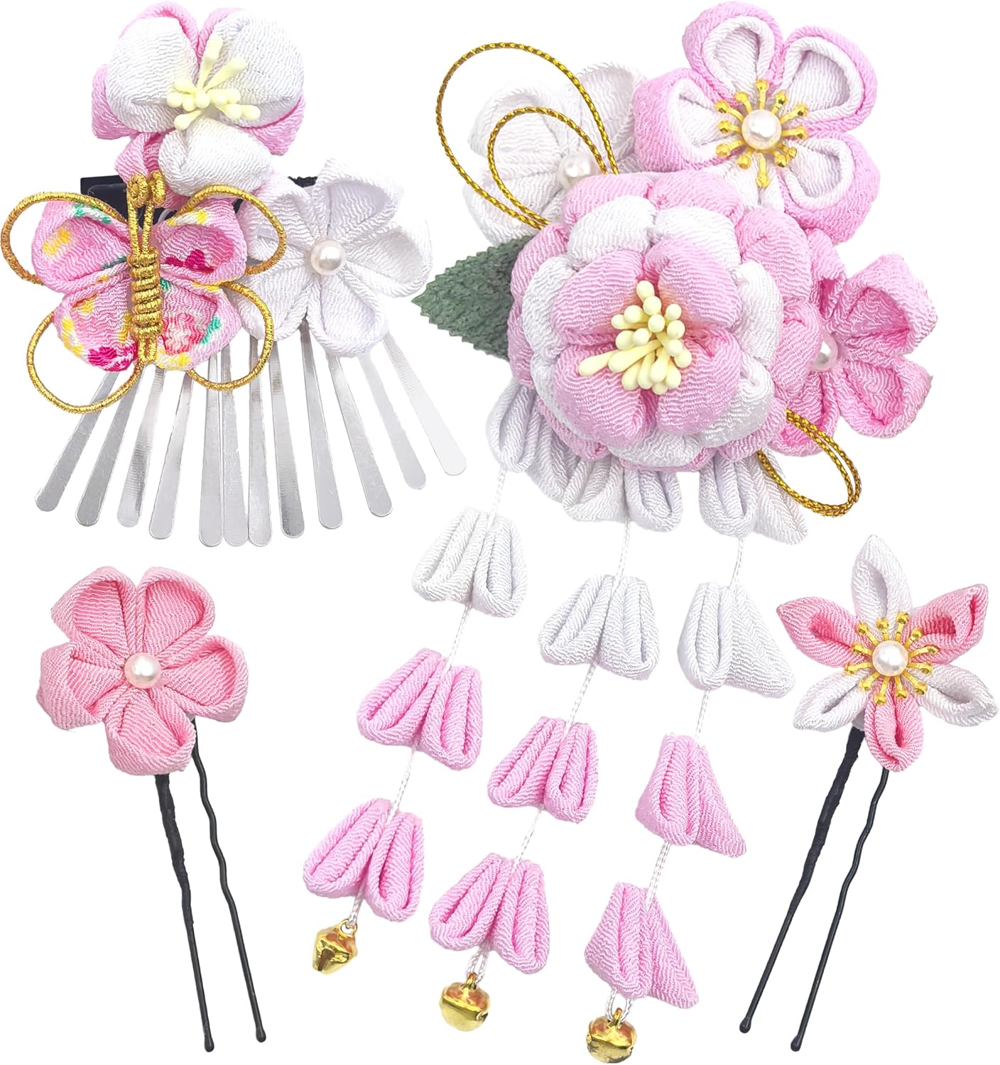 Jzoon H2113 Butterfly Hair Ornaments, Set of 4, Coming-of-Age Ceremonies, Shichi-Go-San Graduation Ceremonies, Weddings, Yukata, Hakama, Long Sleeves, Kimono, Handmade, Tsumami Seiko, Flowers, Bell