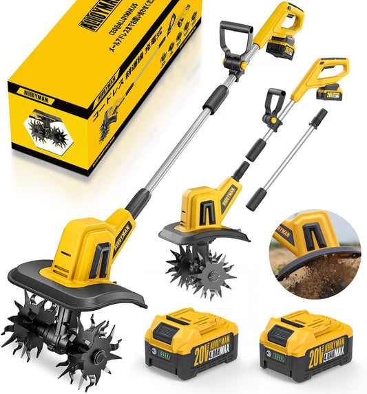 Alloyman Rechargeable Tiller for Home Use, 2025 New Release, 2 Pieces 2.0 Ah Battery Set, 20 V, Tilling Width 10.0 inches (255 mm), Tilling Depth 8.7 inches (220 mm), Cordless, Small, Lightweight