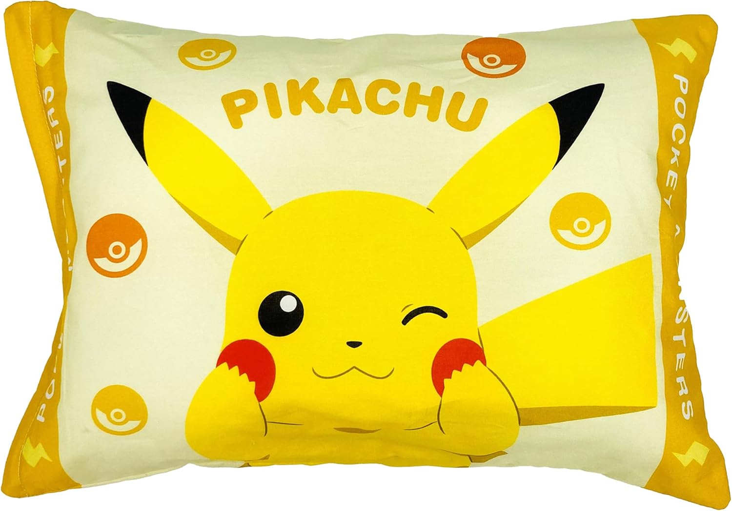 MORIPiLO Children's Pillow, Low Profile, Pokemon Pikachu Wink, Yellow, Approximately 11 x 15.4 inches (28 x 39 cm), Skin-friendly 100% Cotton Fabric, Washable, Comes with Cover, Plush Toy, Cushion