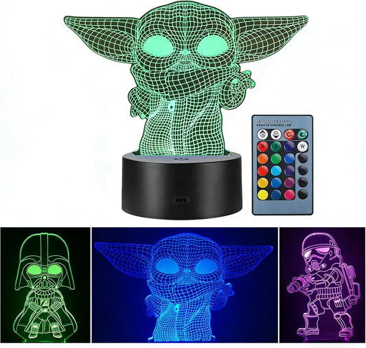 Manco Luz nocturna 3D con ilusión de Star Wars para niños, 3 patrones y 16 cambios de color, lámpara de decoración - Juguetes y regalos de Star Wars Baby Yoda/Darth Vader/Stormtrooper