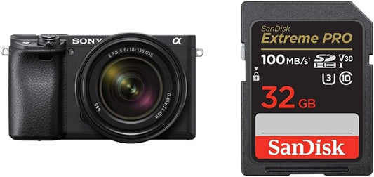 Sony APS-C Mirrorless SLR Camera α6400 High Magnification Zoom Lens Kit (Included Lens: SEL18135), Black, ILCE-6400M + SanDisk SD Card, 32 GB SDHC Class 10, UHS-I V30, Max Read Up to 100MB/s SanDisk