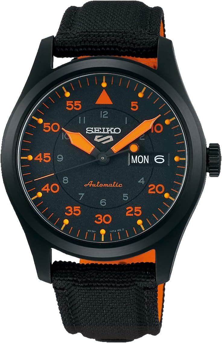 Seiko Five Men's Watch SEIKO5 Automatic Hand Wind Day Date Calendar SRPH33K1 FIELD STREET MA-1 Black Orange Back Skeleton Watch