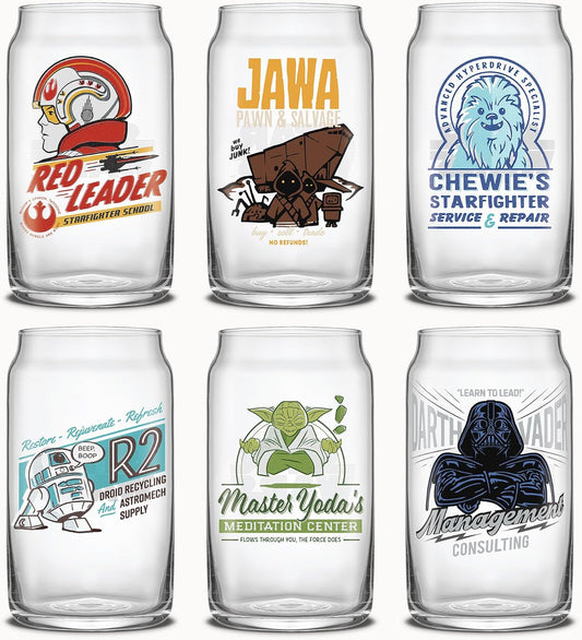 JoyJolt Star Wars Colección Retro Vintage 16.9 oz Vasos de Vidrio - Con Darth Vader, R2D2, Yoda, Chewbacca, Red Leader, Jawa - Vajilla de la Trilogía Original, Juego de 6 con Popotes de Vidrio