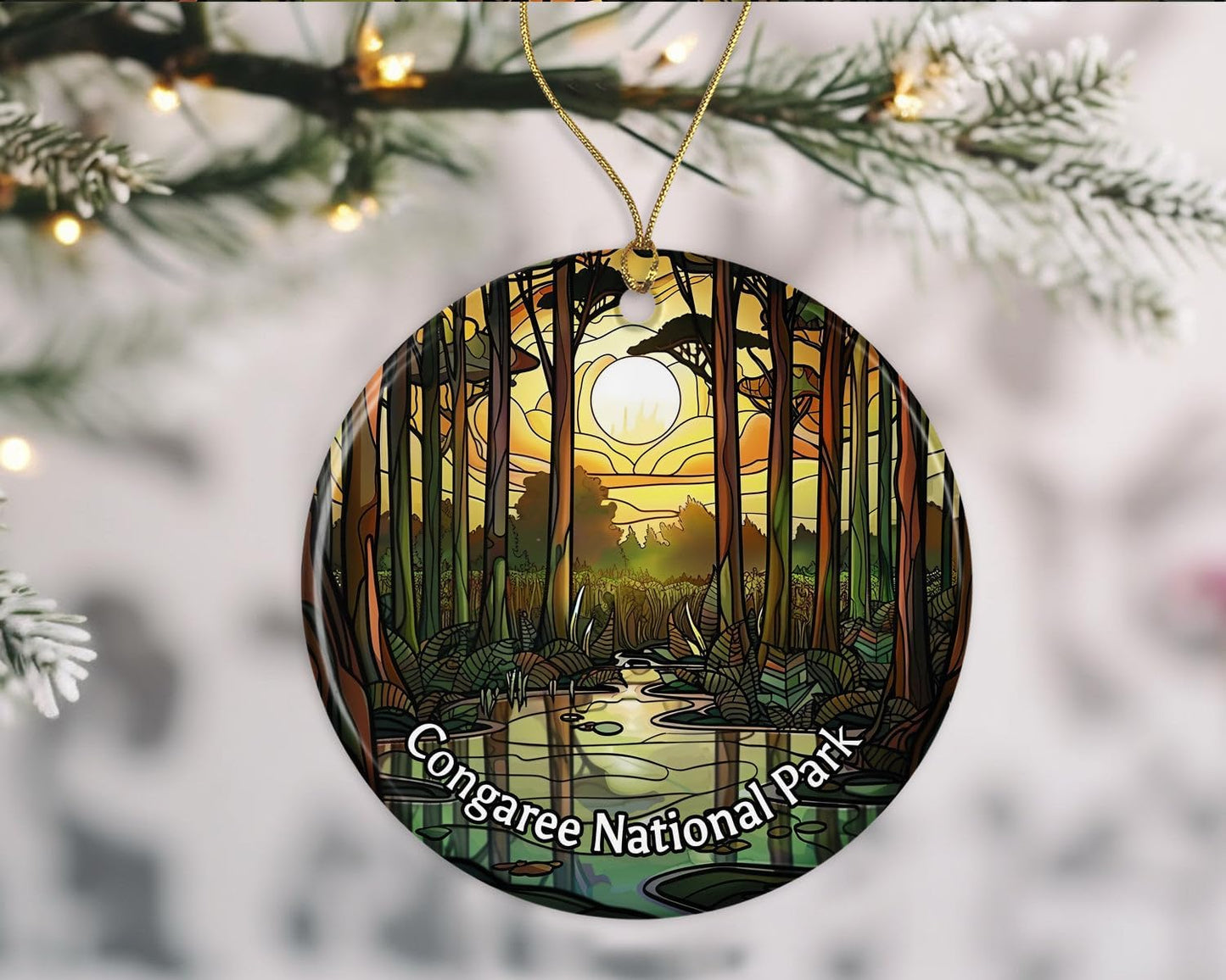 Adorno de Parque Nacional Congaree, adorno de aspecto de vitral, adorno de Navidad de parques nacionales, adorno de recuerdo, recuerdos de viaje, adorno de Navidad, regalo de cerámica impreso en ambos