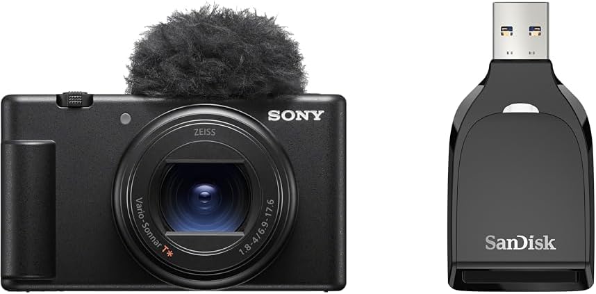 Sony ZV-1II Compact Digital Camera VLOGCAM Vlog Camera with Windscreen 18-50mm F1.8-4.0 Zoom Lens, Black ZV-1M2 B + [SanDisk Genuine Product] SanDisk QuickFlow SD UHS-I Card USB-A Reader USB 3.2 Gen1