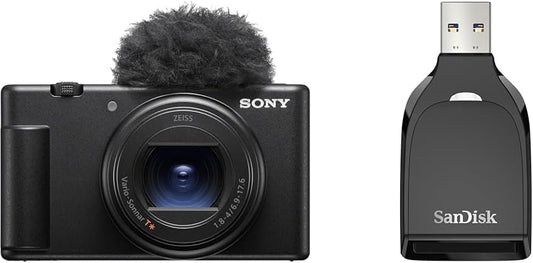 Sony ZV-1II Compact Digital Camera VLOGCAM Vlog Camera with Windscreen 18-50mm F1.8-4.0 Zoom Lens, Black ZV-1M2 B + [SanDisk Genuine Product] SanDisk QuickFlow SD UHS-I Card USB-A Reader USB 3.2 Gen1
