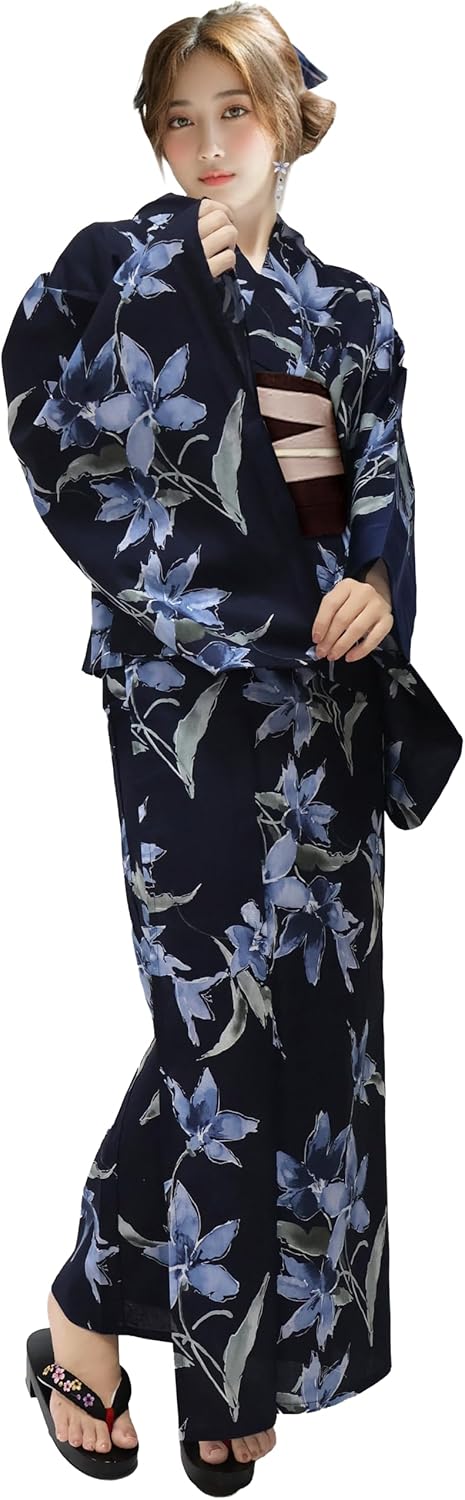 Aletta domani Women's Yukata, Changed Weave, Two-Part Type, Separate Yukata, Reversible Obi, 3-Way High Visibility, 2-Piece Set (Yukata, Half-Width Sash, Reversible), Classic Pattern, Fireworks