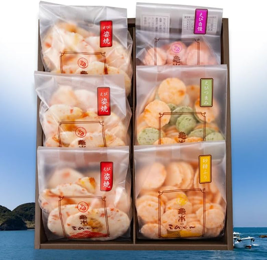 Kameimoto Shrimp Assorted, Gift, 4 Types, 6 Bags, Includes Meatyaki Sugar-Furi Tsumami Senbei Omaki Wakayama Souvenir, Assorted Sweets, Large Capacity, 60th Anniversary Gift, Respect for the Aged Day, New Year's Day, Obikishi