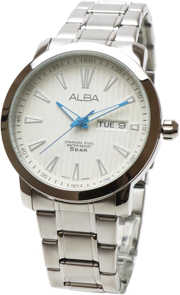 Seiko Alba AT2015X1 White Quartz Men's Stainless Steel Business Analog Day Date Day Date Calendar Watch Men, white, Bracelet Type