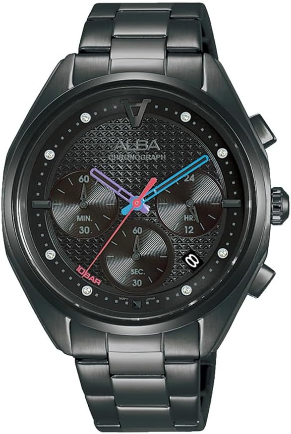 Seiko Alba Chronograph Chrono Women's Watch, Black, Swarovski, Multi-Hand, Analog, Date, Calendar, Stainless Steel Strap, Bracelet for Women