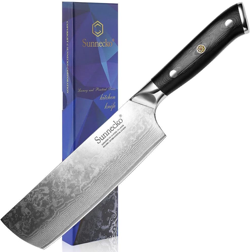 Sunnecko VG-10 Nakiri Knife, Damascus Knife, 7.1 inches (180 mm), 73-Layer, Vegetable Knife, Stainless Steel, Double-Handed, Meat Cut, Rust-Resistant, 7.1 inches (180 mm)