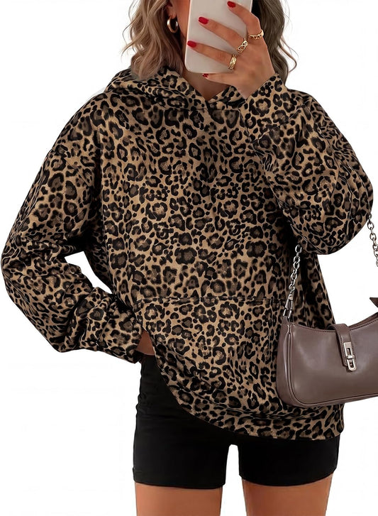 SHEWIN Sudaderas con capucha para mujer, manga larga, estampado de leopardo, sudadera con bolsillos, trajes de otoño para mujer 2026