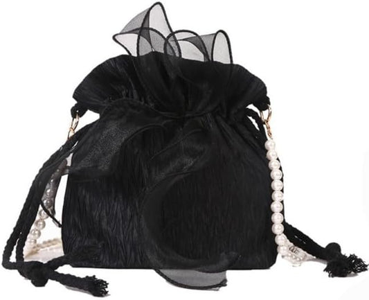 Harugio Women's Drawstring Bag, Shoulder Bag, Pochette, Drawstring Pouch, Pearl, Ribbon Pouch, Small, Mini, Cross-body, Stylish, Cute, Wedding, Coming-of-age Ceremony, Dress, Yukata, Kimono Trend