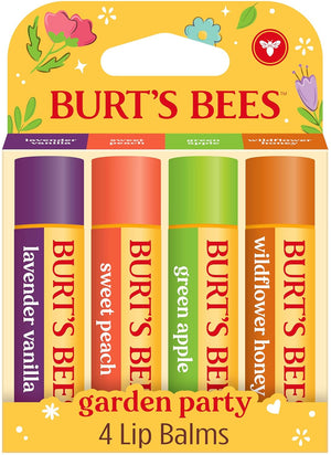Burt's Bees Gifts Ideas - Juego de bálsamo labial para fiesta de jardín, vainilla lavanda, melocotón dulce, manzana verde, miel de flores silvestres, con cera de abejas de origen responsable, tratamiento labial de origen natural, 0.15 onzas, cuatro tubos