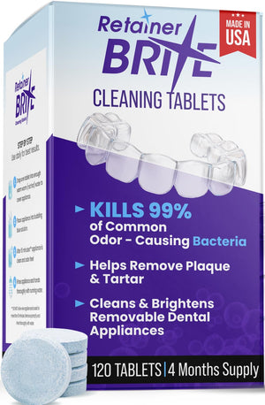 Retainer Brite - Tabletas limpiadoras de retenedores para Invisalign, limpiador bucal, limpieza nocturna y más. Tabletas de limpieza para limpiadores ultrasónicos. 120 tabletas - Suministro de 4 meses