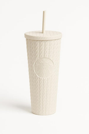 Starbucks - Vaso térmico de edición limitada con diseño de cable tejido blanco para otoño 2025, con pajilla, 24 onzas – Vaso frío de acero inoxidable para bebidas heladas y coleccionistas de temporada