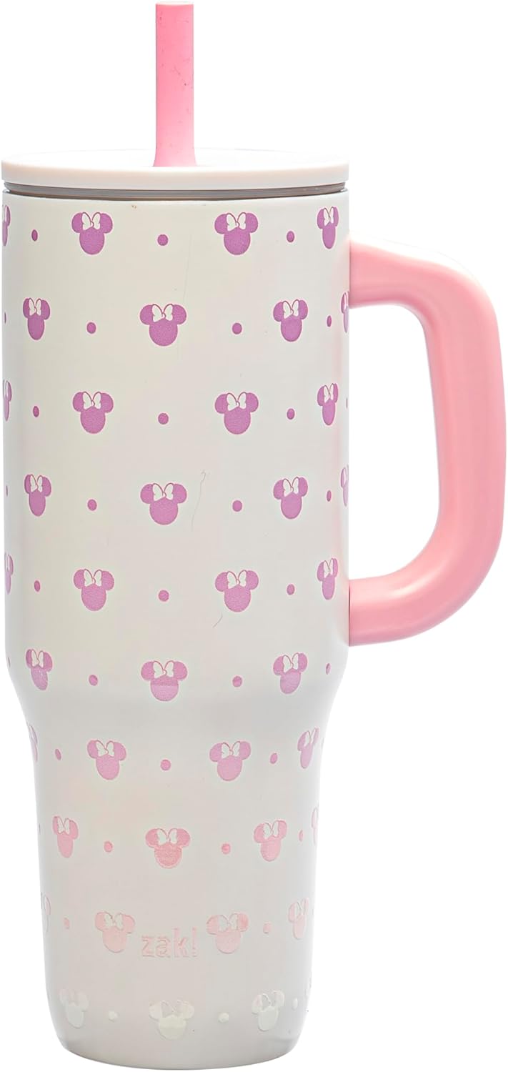 Zak Designs Disney Sutton - Vaso de viaje para llevar o en casa, acero inoxidable de 40 onzas con aislamiento al vacío, popote de silicona, asa de transporte y obras de arte 3D para bebidas frías (Minnie Mouse)