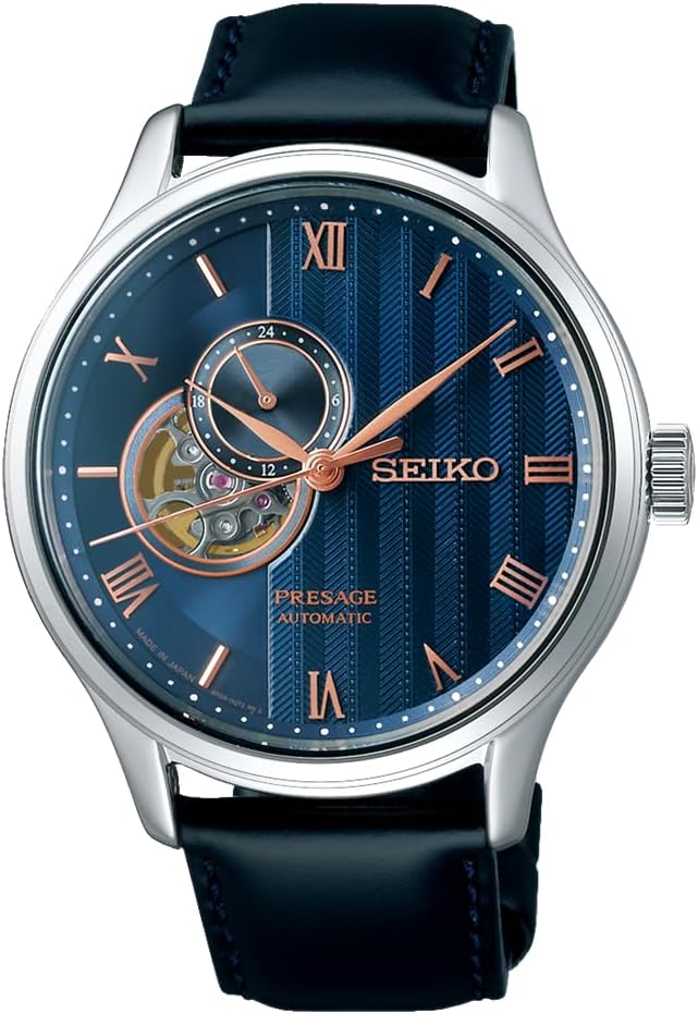 Seiko Presage Japanese Garden Open Heart Men's Watch, Case: Silver / Dial: Navy / Band: Black (Cow Leather), 1 piece