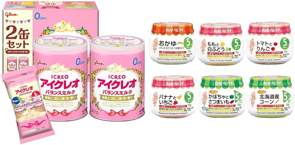 Icreo Balance Milk 28.7 oz (800 g) x 2 Cans (Sample Included) + Kewpie Baby Food, Variety Set, 6 Types x 2 Each, Powdered Milk, Infants and Toddlers 5 Months and Up