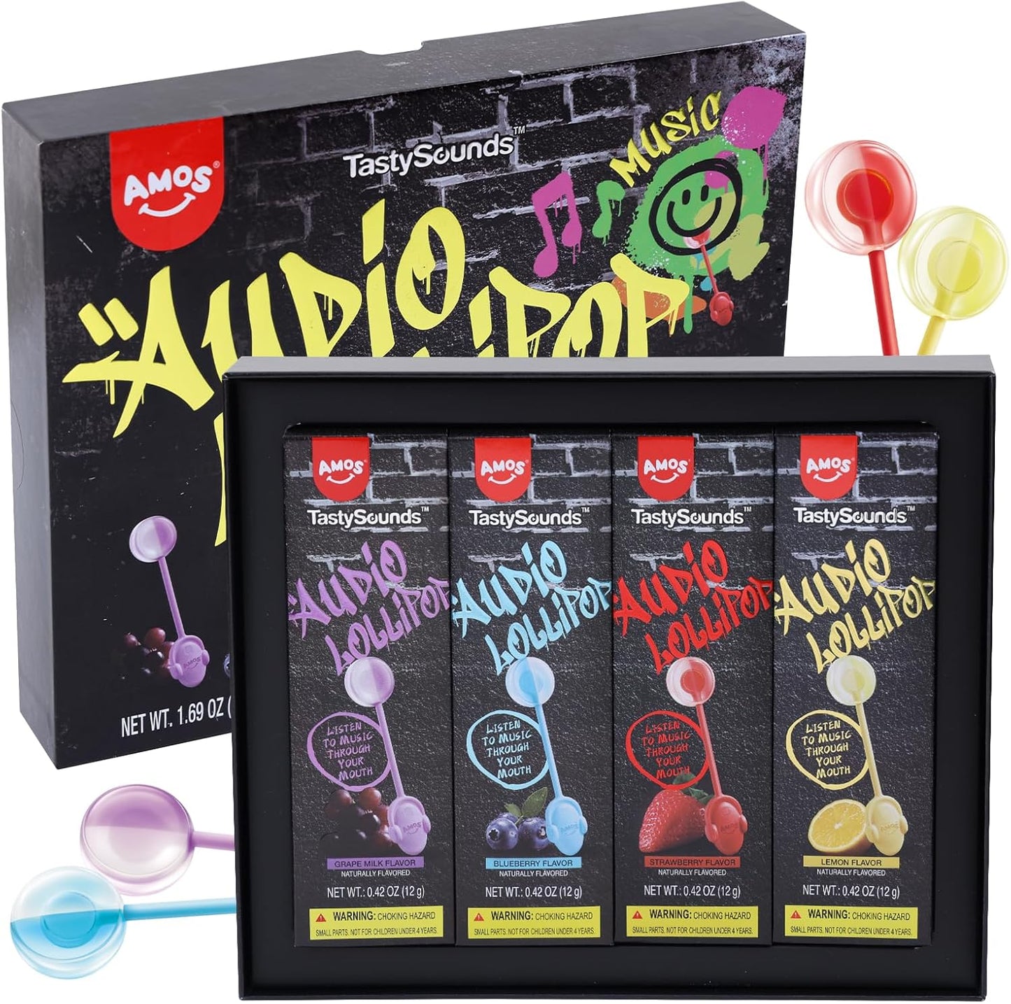 AMOS Bone Conduction Music Lollipop - TastySounds Hip Hop Audio Lollipop, 0 Sugar Low Calorie Candy, Mixed Fruit Flavor, Gift Box of 4, Christmas/Valentine Gift, Party Treat, Couples (Mixed Flavor)