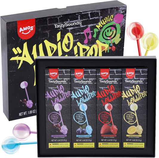 AMOS Bone Conduction Music Lollipop - TastySounds Hip Hop Audio Lollipop, 0 Sugar Low Calorie Candy, Mixed Fruit Flavor, Gift Box of 4, Christmas/Valentine Gift, Party Treat, Couples (Mixed Flavor)