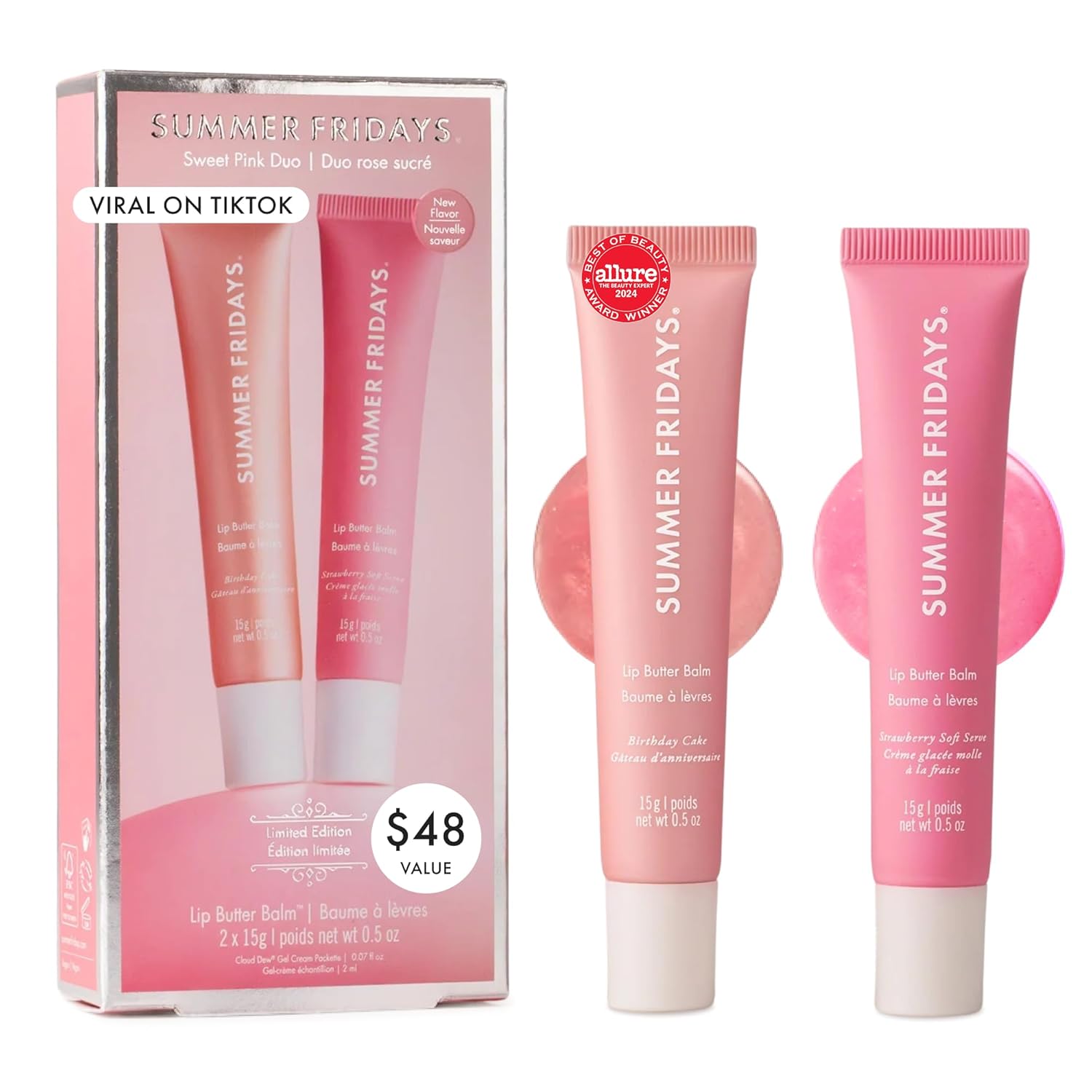 Summer Fridays Lip Butter Balm Sweet Pink Duo - Conditioning Tinted Lip Balm + Overnight Mask for Instant Shine + Color - With Hydrating Shea Butter - Strawberry Soft Serve + Birthday Cake (2 Count)