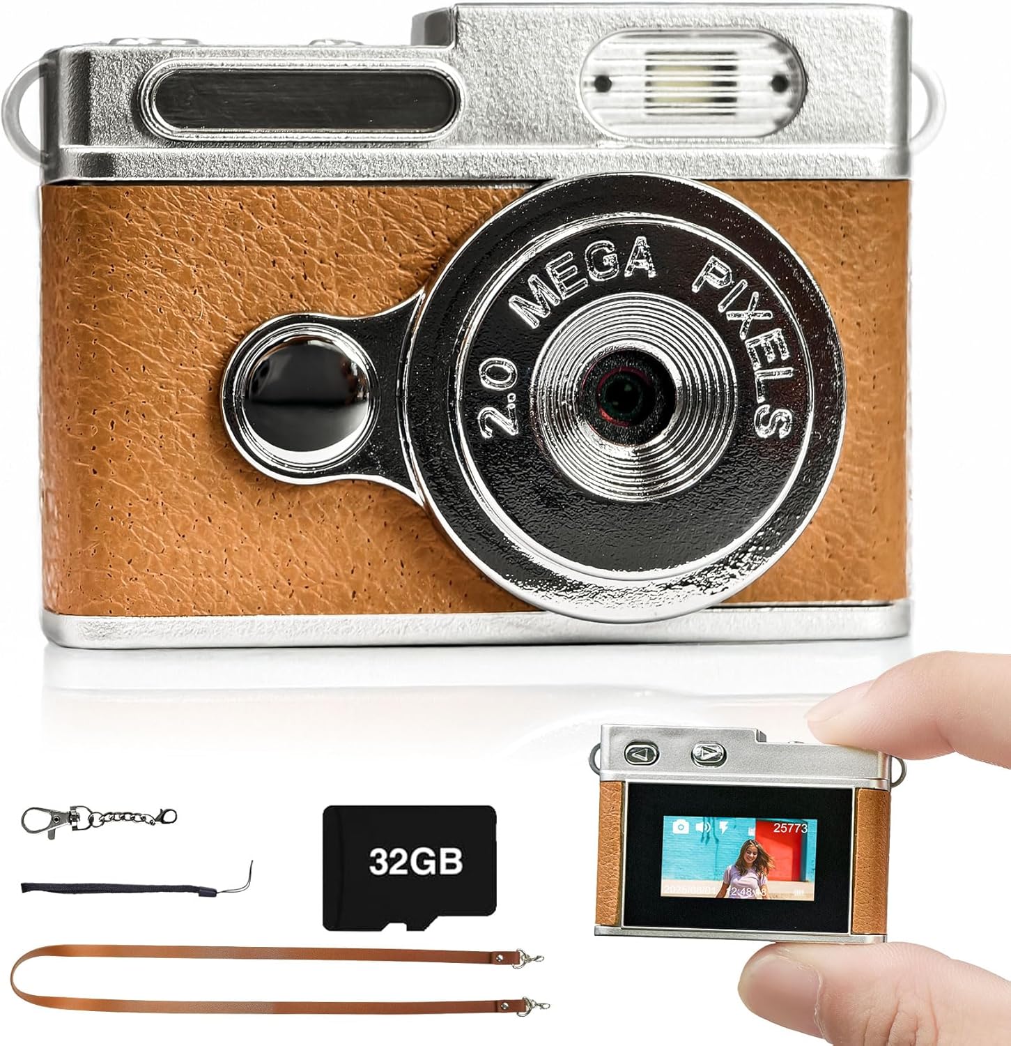 Small Digital Camera, Mini Retro Digital Camera, 1080P, 0.96-Inch Screen, Portable, Keychain Set, For Beginners, 32 GB Card Included, TYPE-C Rechargeable, Japanese Instruction Manual (Brown)