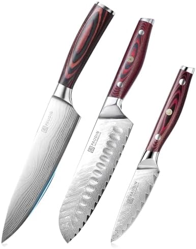 PAUDIN Gyuto Knife 7.9 inches (200 mm) with Sheath + Damascus Santoku Knife 7.1 inches (180 mm) VG10 Steel + Damascus Petite Knife 3.5 inches (90 mm) VG10 Steel