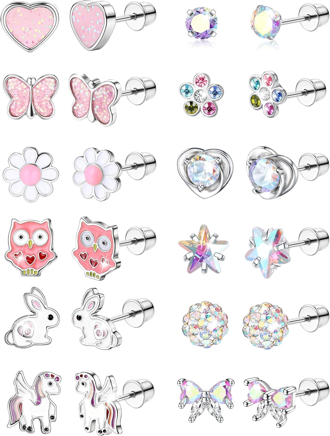 CASSIECA 10/12 Pairs Stainless Steel Earrings for Women Girl Earrings Set Screw Clasp Hypoallergenic Hoop Earrings Zircon Heart Flower Butterfly
