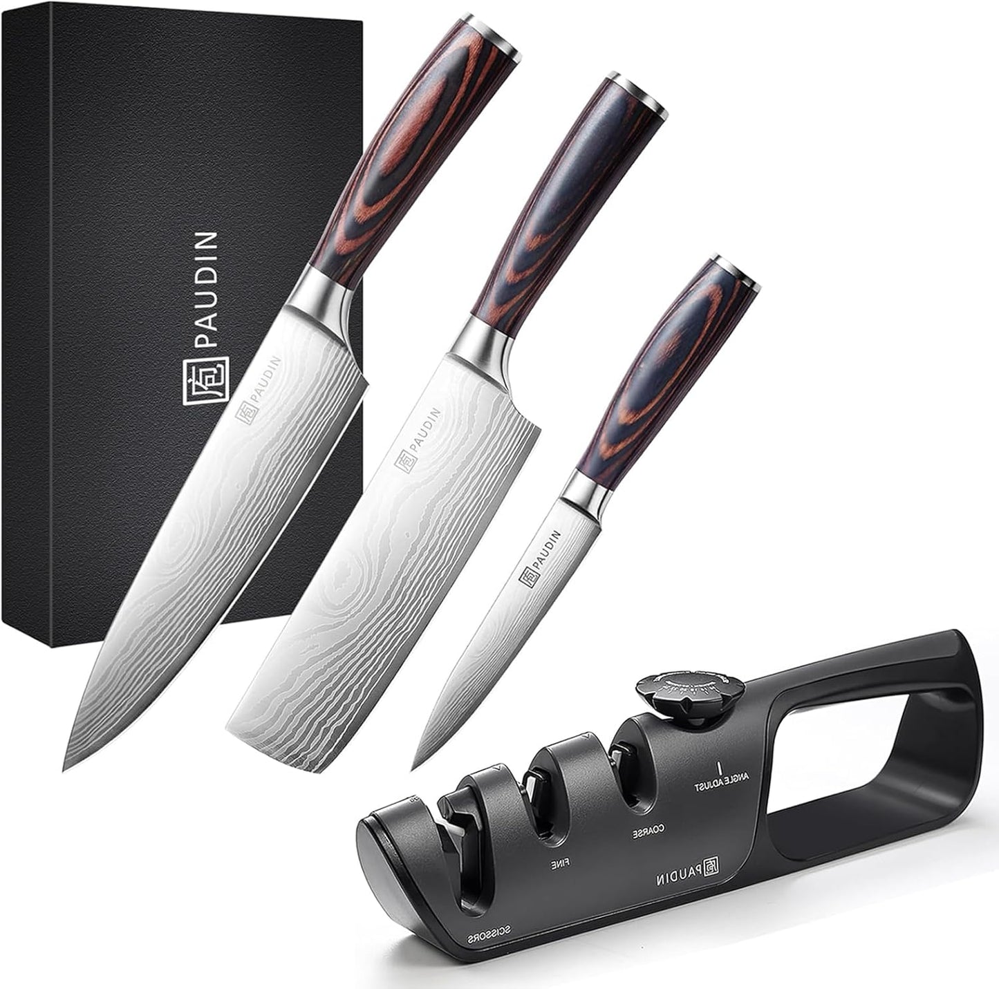 PAUDIN 3-Piece Knife Set, Gyuto Sword, Nakiri Knife, Petty Knife + Knife Sharpener, Manual Sharpening, 3 Levels, No Whetstone Required, Compatible with Knives, Scissors, and Knives