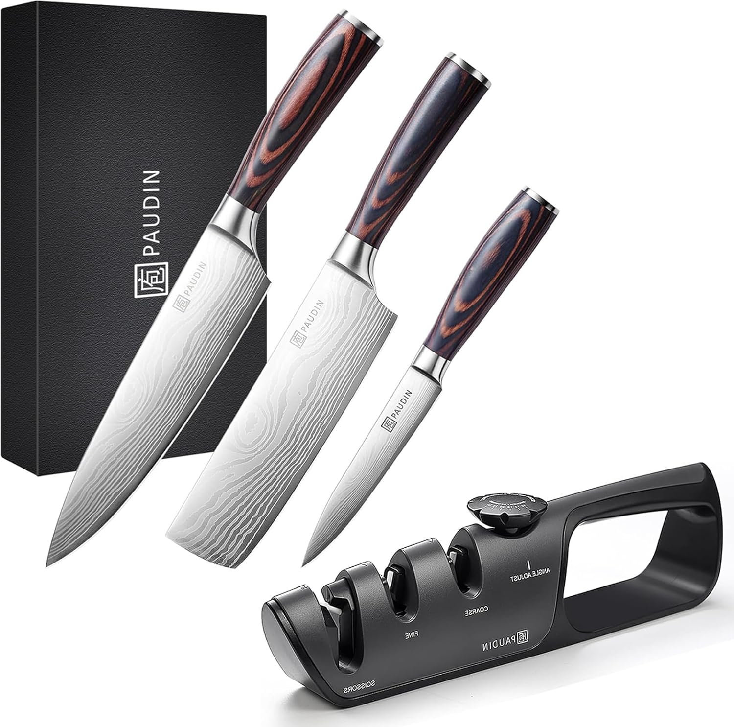 PAUDIN 3-Piece Knife Set, Gyuto Sword, Nakiri Knife, Petty Knife + Knife Sharpener, Manual Sharpening, 3 Levels, No Whetstone Required, Compatible with Knives, Scissors, and Knives