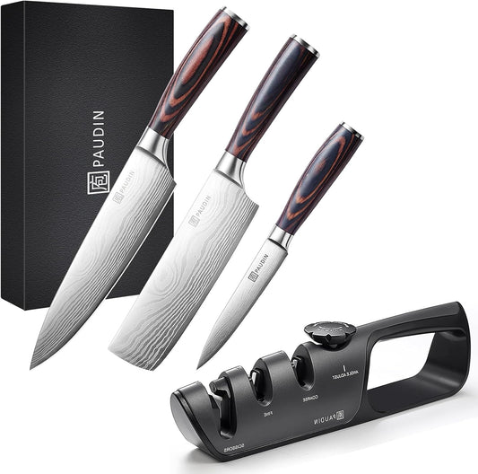 PAUDIN 3-Piece Knife Set, Gyuto Sword, Nakiri Knife, Petty Knife + Knife Sharpener, Manual Sharpening, 3 Levels, No Whetstone Required, Compatible with Knives, Scissors, and Knives