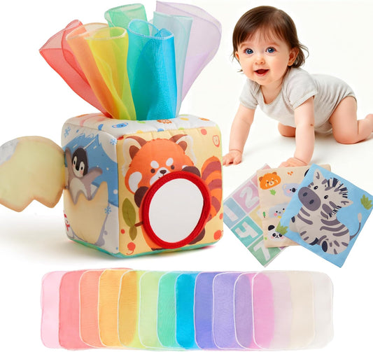 Baby Toy Tissue Box, Soft Fabric Baby Educational Toy, Stimulates Five Senses, 0-1 Years, Birthday Present, Montessori, Grasping, Pulling, Pinching