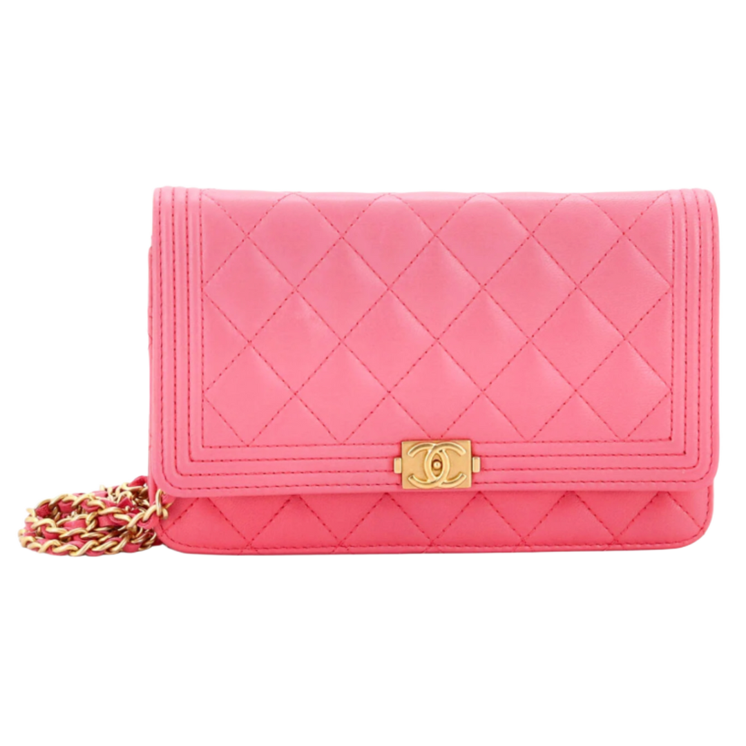 CHANEL 'BOY WALLET ON CHAIN' QUILTED LAMBSKIN LIGHT PINK
