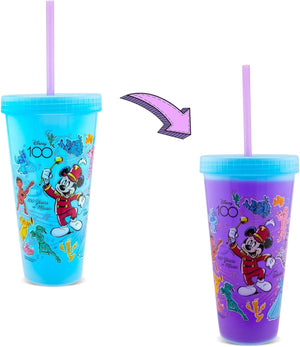 Disney Vaso de viaje de plástico que cambia de color de Mickey Mouse del 100 aniversario, incluye popote reutilizable y tapa resistente a fugas, capacidad para 20 onzas