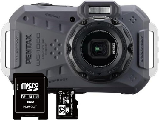 Pentax WG-1000 Pentax Compact Digital Camera, Waterproof 49.2 ft (15 m), Dustproof, Shock Resistant, CALS Mode, 16 Megapixels, 4x Optical Zoom, 32 GB SD Card Included (Gray)