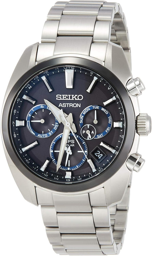 Seiko Astron SBXC053 Men's Wristwatch, Solar GPS, Satellite Radio, World Time Function, Dual Time Display, Dual Curved Sapphire Glass, Silver, Dial color - black, Solar GPS Satellite Radio World Time