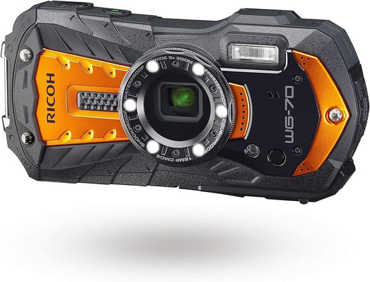 RICOH WG-70 03871 Waterproof Digital Camera, Waterproof to 45.9 Feet (14 m) (2 Hours Continuous), 5.2 Foot (1.6 m) Drop Impact Resistance, Cold Resistant to 14 °F (-10 °C), CALS Mode, Rugged, Orange